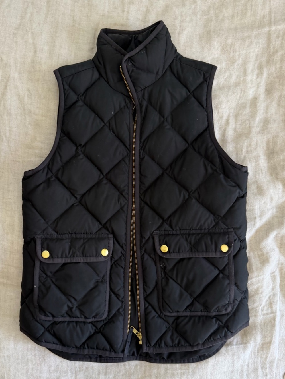 J. Crew Black Quilted Puffer Vest with Gold Snap Pockets